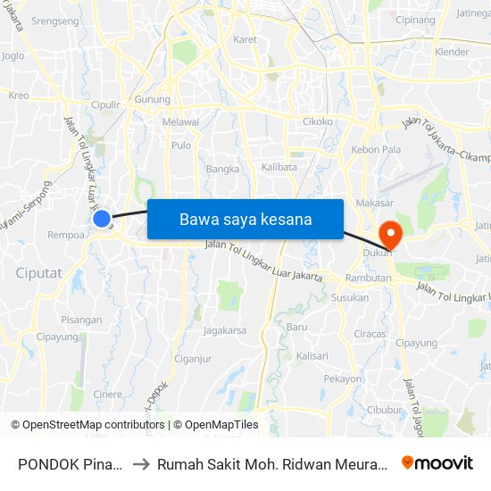 PONDOK Pinang to Rumah Sakit Moh. Ridwan Meuraksa map