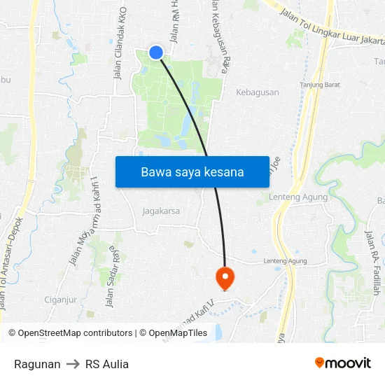 Ragunan to RS Aulia map
