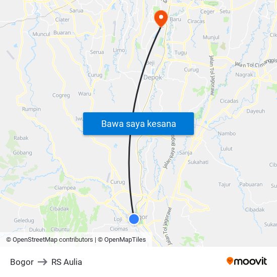 Bogor to RS Aulia map