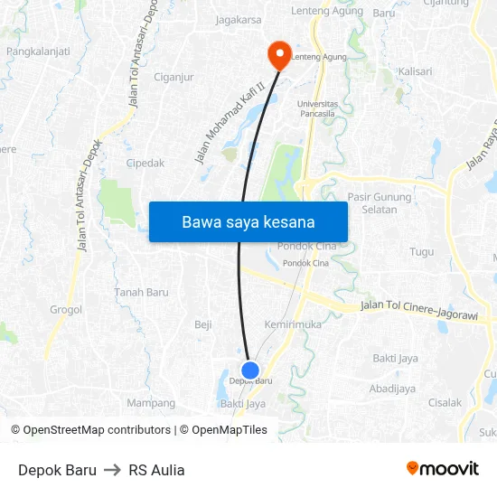 Depok Baru to RS Aulia map