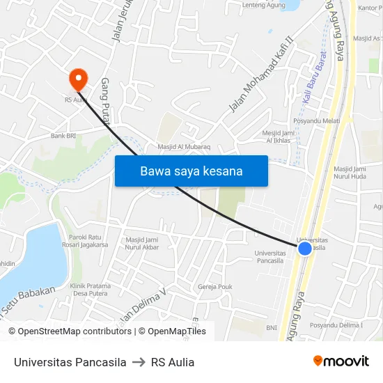 Universitas Pancasila to RS Aulia map