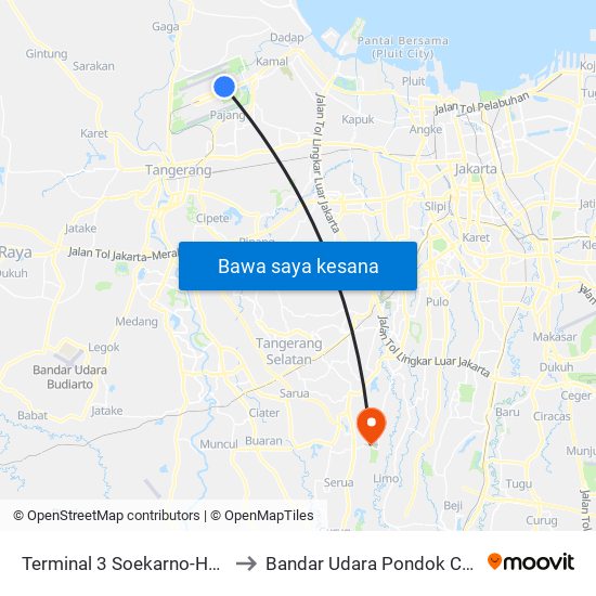 Terminal 3 Soekarno-Hatta to Bandar Udara Pondok Cabe map