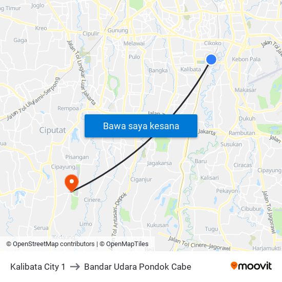 Kalibata City 1 to Bandar Udara Pondok Cabe map