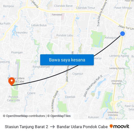 Stasiun Tanjung Barat 2 to Bandar Udara Pondok Cabe map