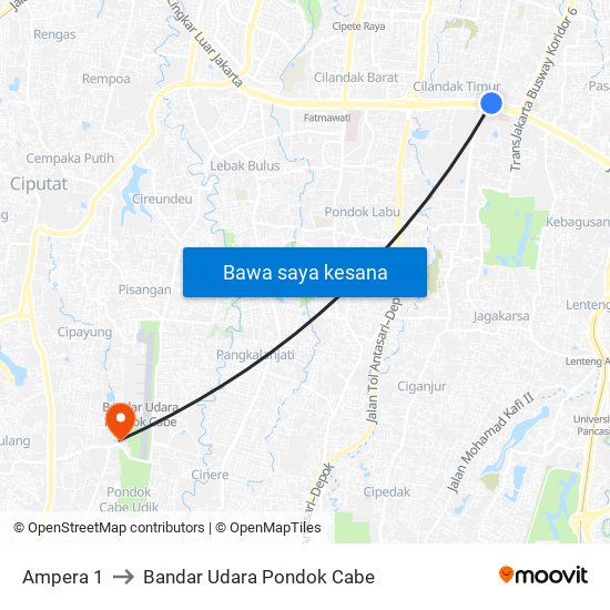 Ampera 1 to Bandar Udara Pondok Cabe map