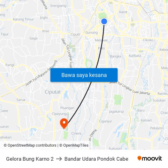 Gelora Bung Karno 2 to Bandar Udara Pondok Cabe map