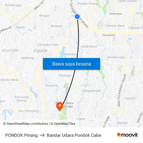 PONDOK Pinang to Bandar Udara Pondok Cabe map