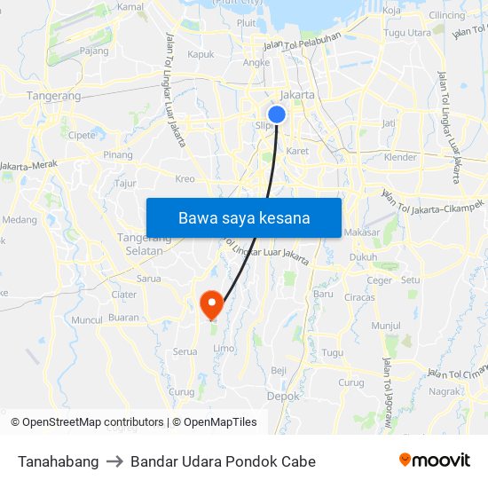 Tanahabang to Bandar Udara Pondok Cabe map