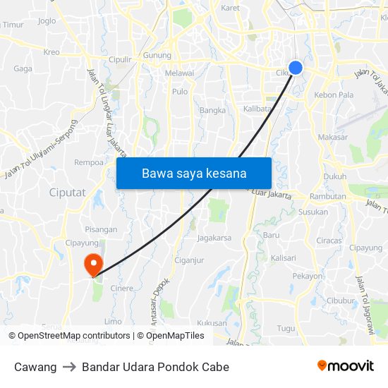 Cawang to Bandar Udara Pondok Cabe map