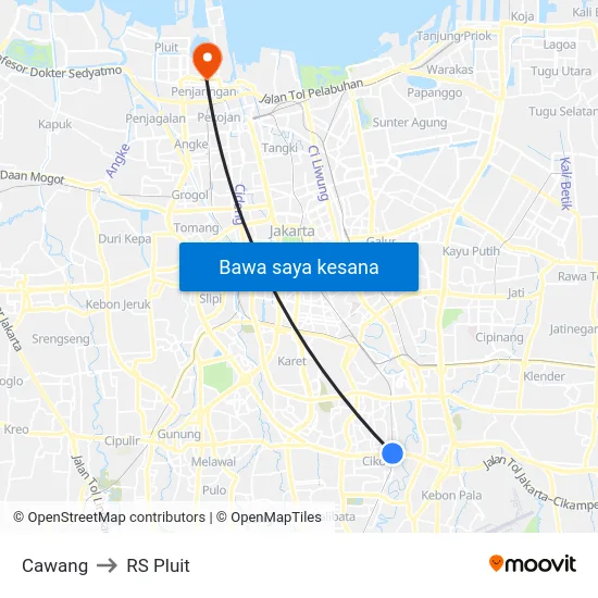 Cawang to RS Pluit map