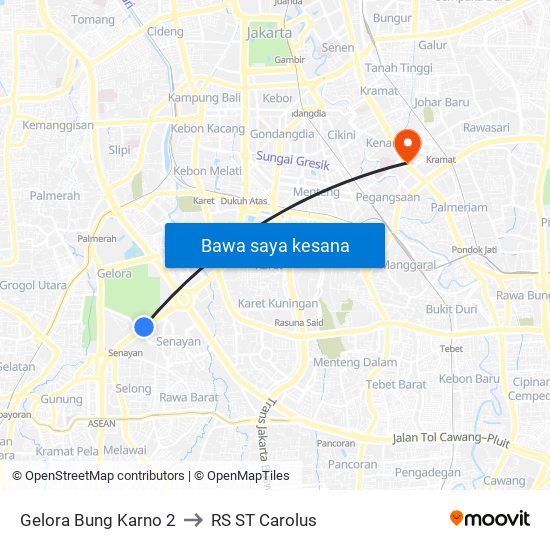 Gelora Bung Karno 2 to RS ST Carolus map