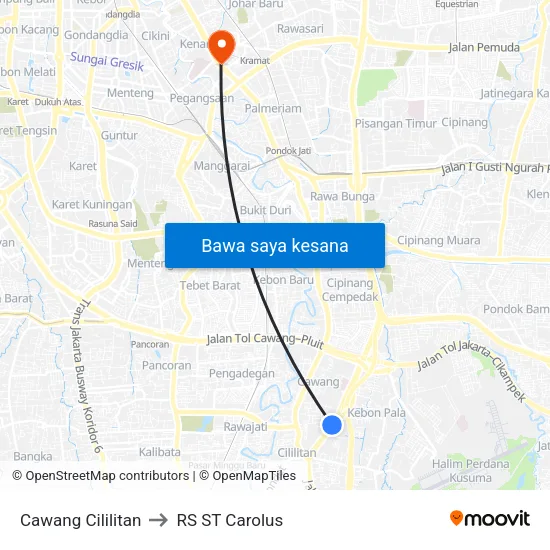 Cawang Cililitan to RS ST Carolus map