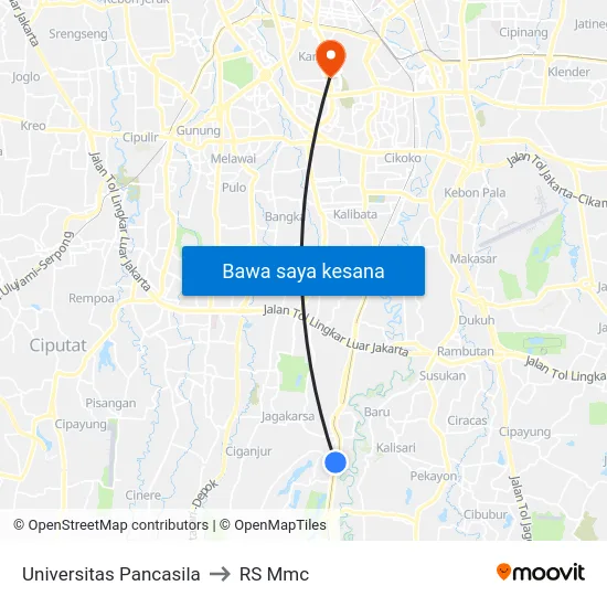 Universitas Pancasila to RS Mmc map