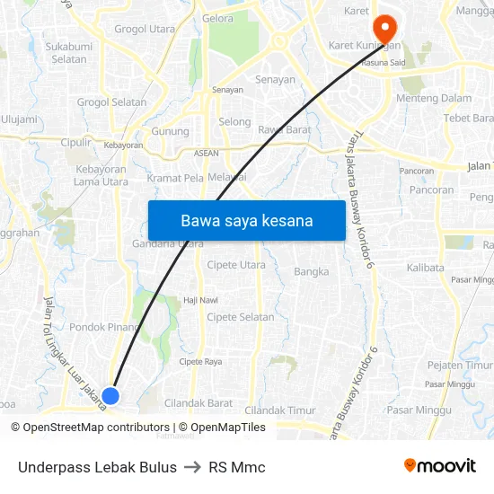 Underpass Lebak Bulus to RS Mmc map
