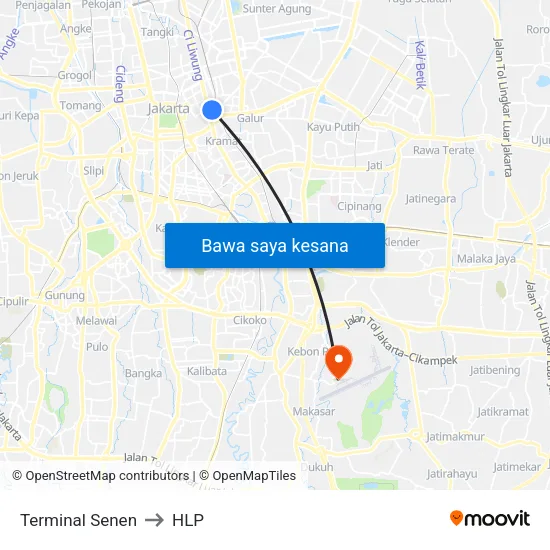 Terminal Senen to HLP map