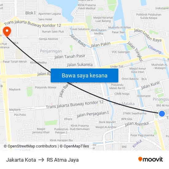 Jakarta Kota to RS Atma Jaya map