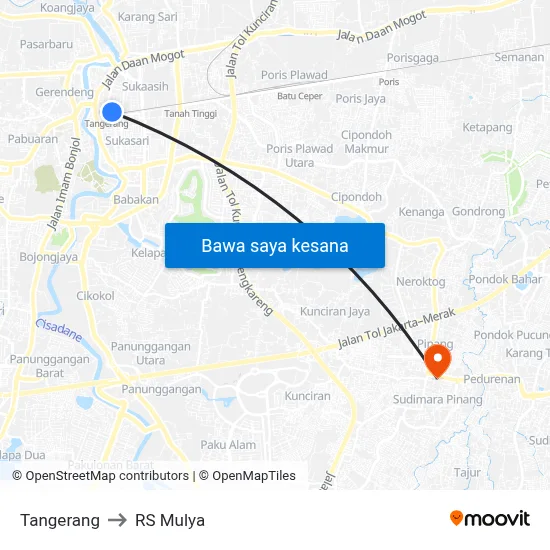 Tangerang to RS Mulya map