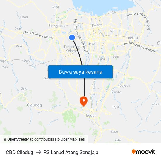 CBD Ciledug to RS Lanud Atang Sendjaja map