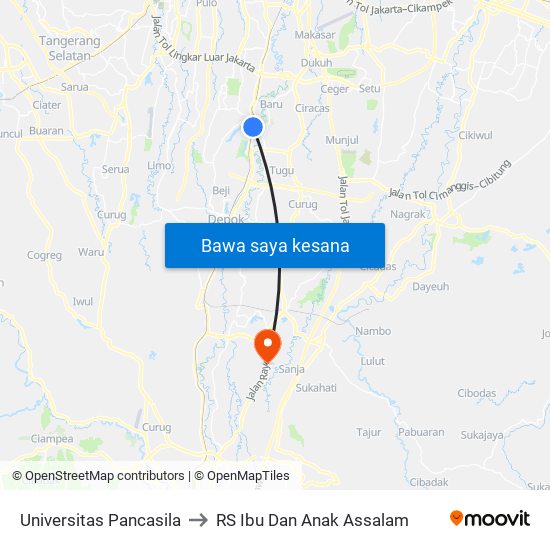 Universitas Pancasila to RS Ibu Dan Anak Assalam map