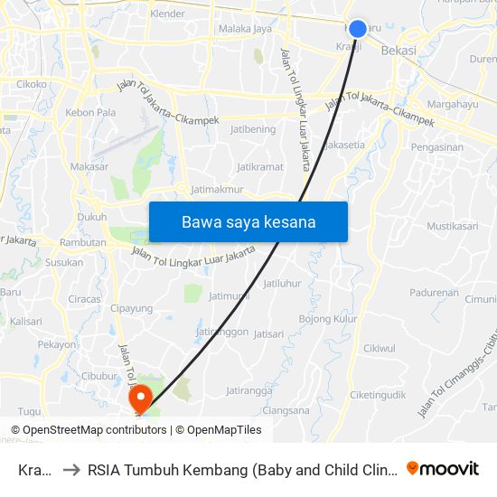 Kranji to RSIA Tumbuh Kembang (Baby and Child Clinic) map