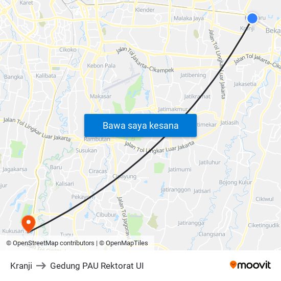 Kranji to Gedung PAU Rektorat UI map