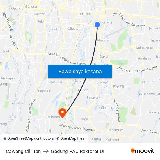 Cawang Cililitan to Gedung PAU Rektorat UI map