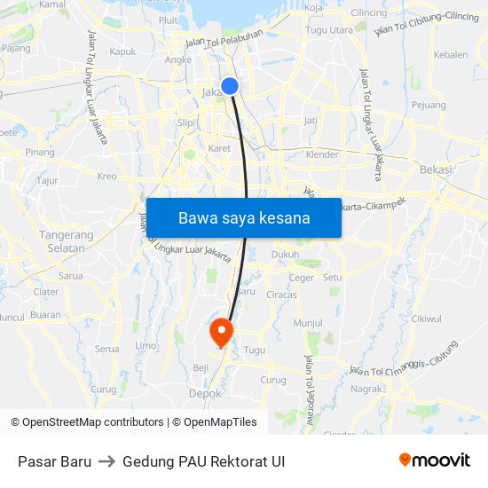 Pasar Baru to Gedung PAU Rektorat UI map