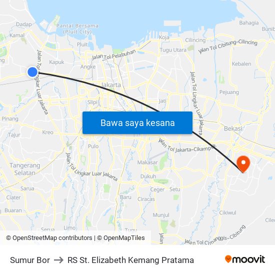 Sumur Bor to RS St. Elizabeth Kemang Pratama map