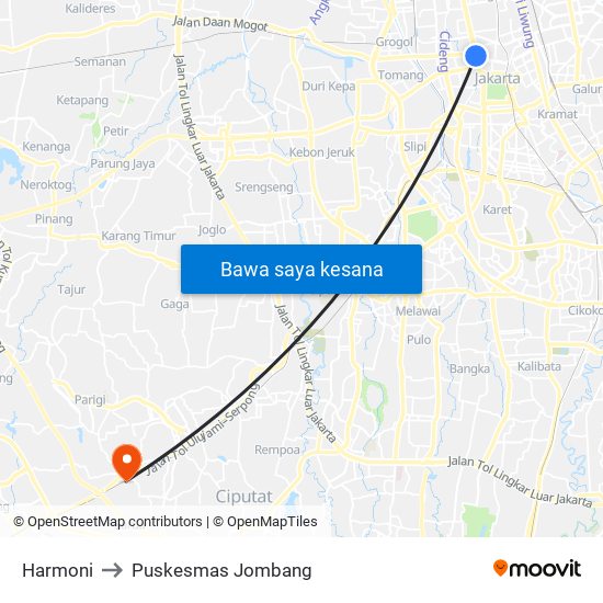 Harmoni to Puskesmas Jombang map