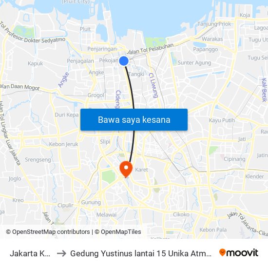 Jakarta Kota to Gedung Yustinus lantai 15 Unika Atma Jaya map