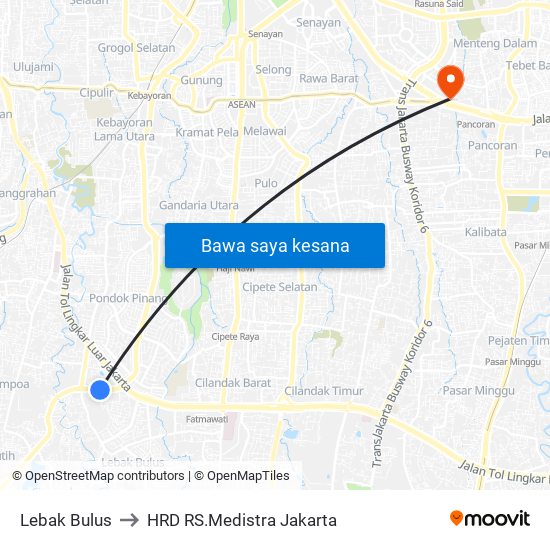 Lebak Bulus to HRD RS.Medistra Jakarta map