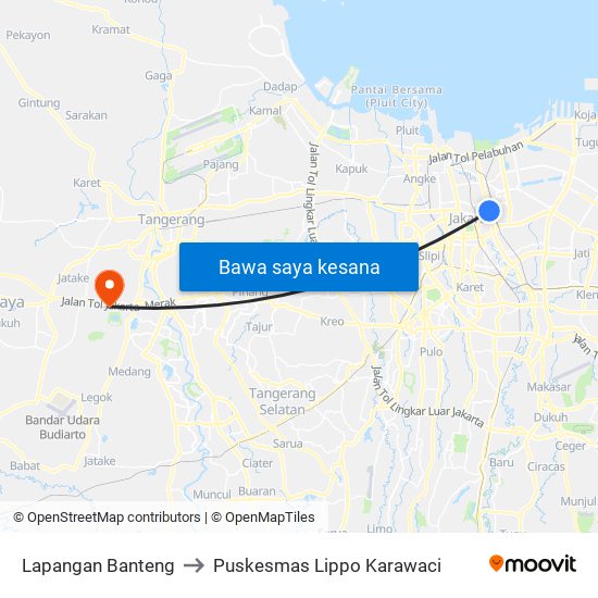 Lapangan Banteng to Puskesmas Lippo Karawaci map