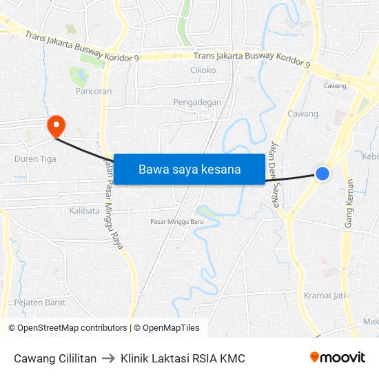 Cawang Cililitan to Klinik Laktasi RSIA KMC map