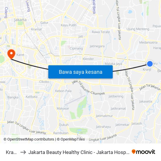 Kranji to Jakarta Beauty Healthy Clinic - Jakarta Hospital map