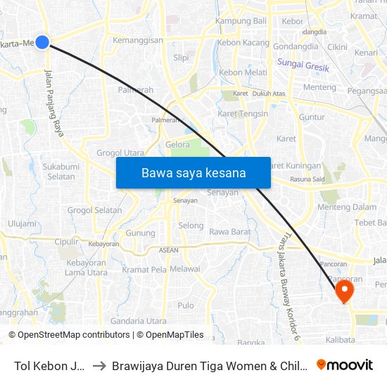 Tol Kebon Jeruk 1 to Brawijaya Duren Tiga Women & Children Hospital map