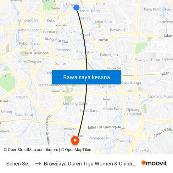 Senen Sentral to Brawijaya Duren Tiga Women & Children Hospital map