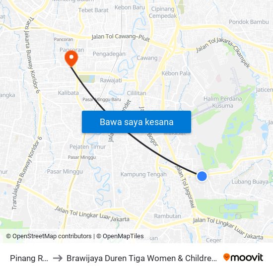 Pinang Ranti to Brawijaya Duren Tiga Women & Children Hospital map