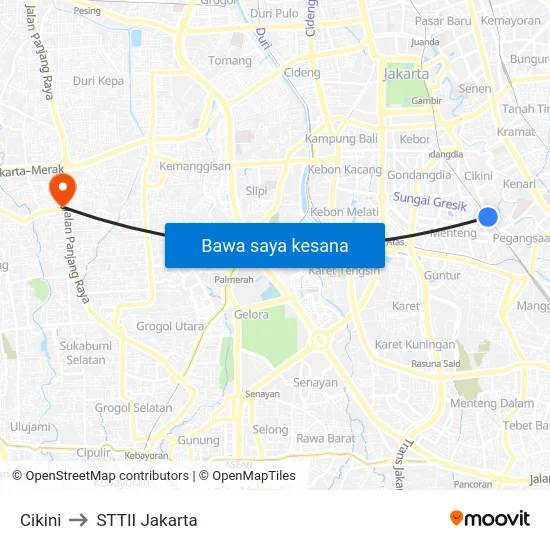 Cikini to STTII Jakarta map