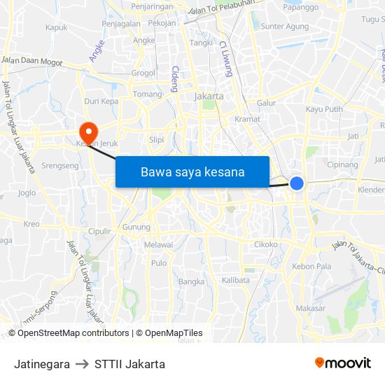 Jatinegara to STTII Jakarta map