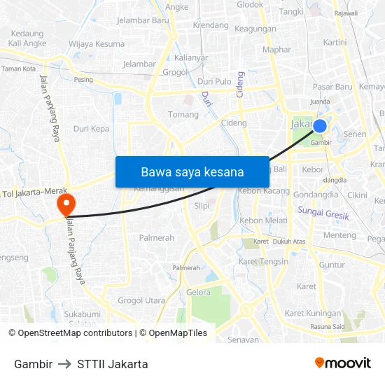 Gambir to STTII Jakarta map