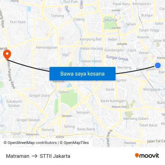 Matraman to STTII Jakarta map