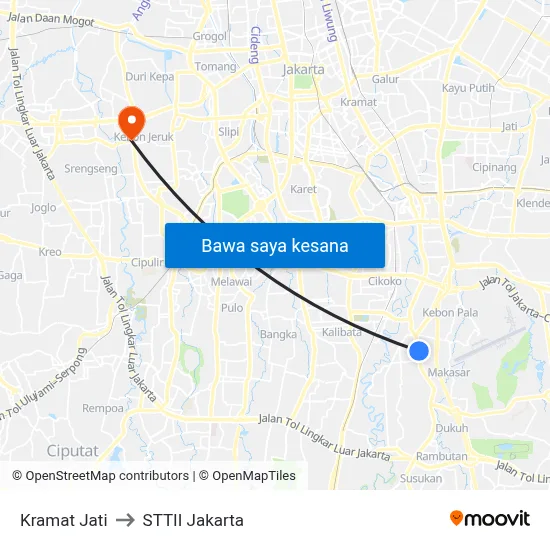 Kramat Jati to STTII Jakarta map