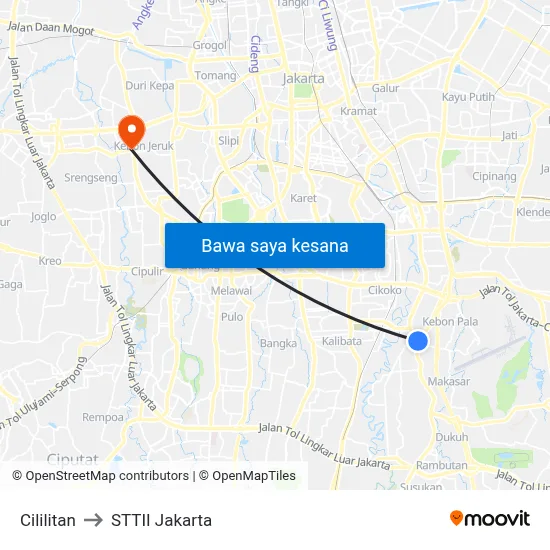 Cililitan to STTII Jakarta map