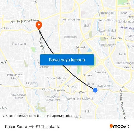 Pasar Santa to STTII Jakarta map