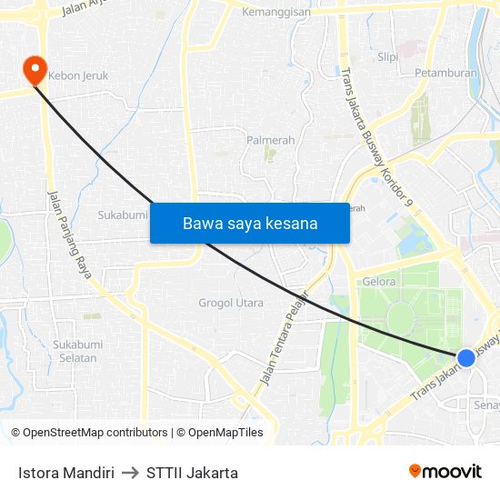 Istora Mandiri to STTII Jakarta map