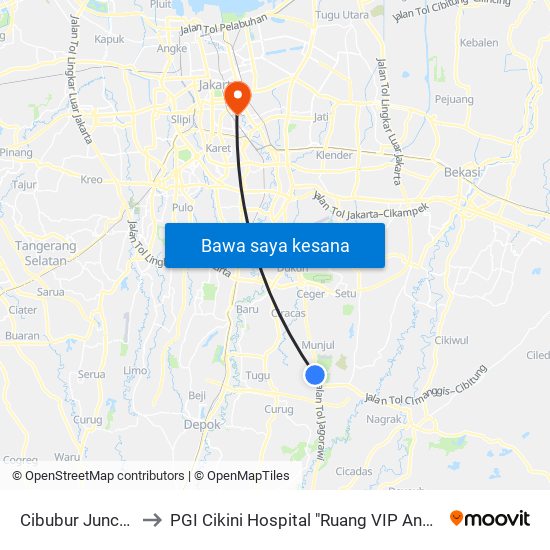 Cibubur Junction to PGI Cikini Hospital "Ruang VIP Anggrek" map