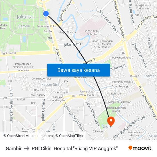 Gambir to PGI Cikini Hospital "Ruang VIP Anggrek" map