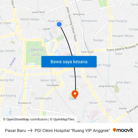 Pasar Baru to PGI Cikini Hospital "Ruang VIP Anggrek" map
