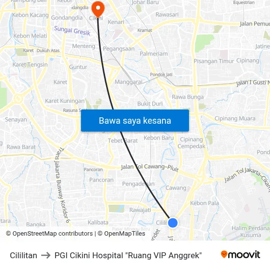 Cililitan to PGI Cikini Hospital "Ruang VIP Anggrek" map