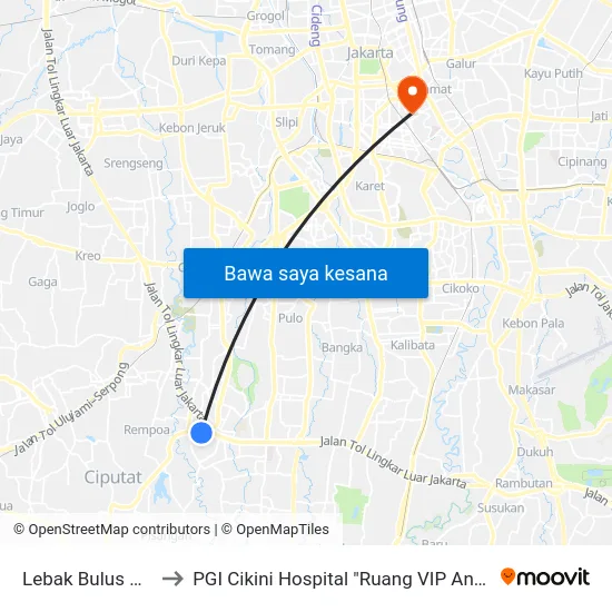 Lebak Bulus Grab to PGI Cikini Hospital "Ruang VIP Anggrek" map